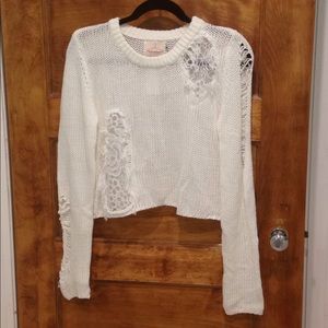 LF white sheer lace knit sweater sleeve crop top